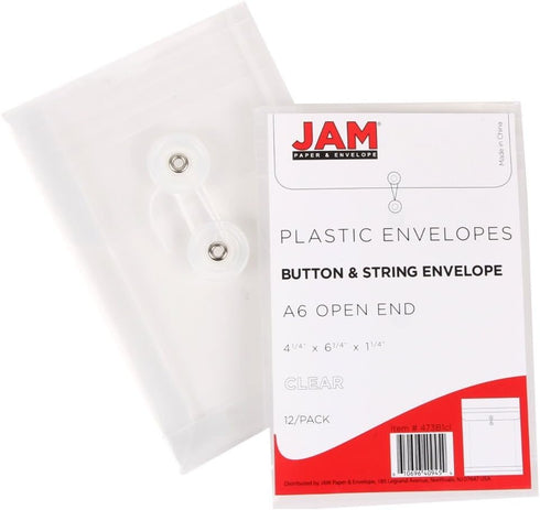JAM PAPER Plastic Envelopes with Button & String Tie Closure - 4 1/4 x 6 1/4 - Assorted Colors - 6/Pack...