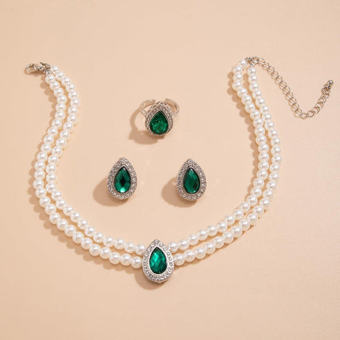 Elegant Pearl Strand Necklace Earrings Rings Set Green Crystal Rhinestone Pearl Choker Necklace Chunky Short Choker Necklace Vintage Dainty Pearl ...