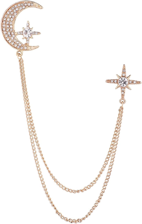 Moon Star Rhinestone Brooch with Gold Tassel Brooch for Unisex...