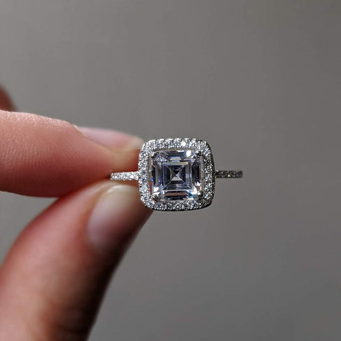 TwoBirch Halo Cushion Asscher Cut Prong Set Engagement Ring in 18k White Gold Plated Sterling Silver and CZ...