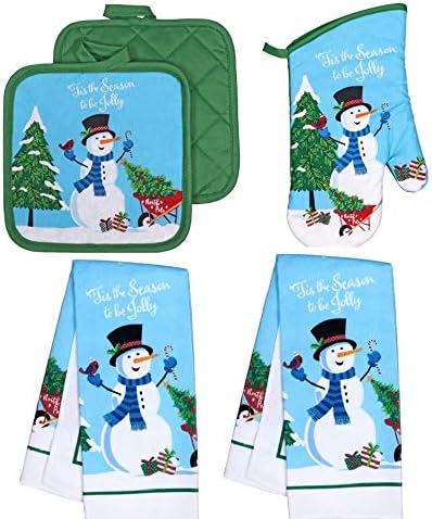 Collection Weihnachts-Kuechenhandtuch-Set, 5-teilig, 2 Topflappen und Handtuecher mit 1 Ofenhandschuh (Schneemann)...
