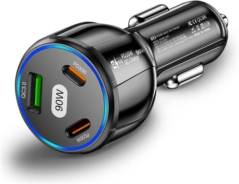 3-Port Car Charger Adapter, 90W PD &QC3.0 Fast Charging Car Cigarette Lighter USB Charger, Car Phone Charger for iPhone/Android/Samsung Galaxy S10...