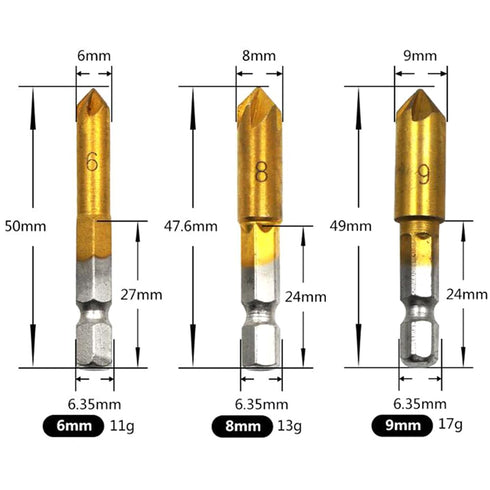6Pcs HSS Hex Countersink Drill Bit Set 5 Flute 82 Degree Carbon Steel Chamfer Cutter Center Punch Tool Sets for Wood Quick Change Bit,deburring, b...