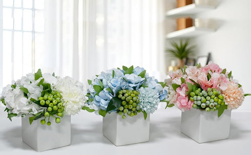 LADADA Fake Flowers in Ceramic Vase,Faux Hydrangea Flower Arrangements for Home Decor Artificial Flowers with Vase...