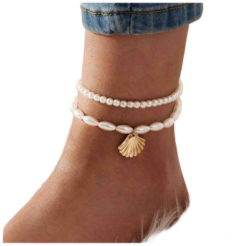 Bohemian Layered Pearl Anklet Gold Scallop Dangle Ankle Bracelet Oval Pearl Chain Anklet Adjustable Cowrie Anklets Summer Beach Foot Chain Jewelry...