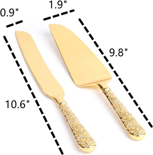 Dicunoy 2 PCS Gold Cake Knife and Server Set, Wedding Cake Cutting Utensils, Vintage Engraved Cake Cutter and Serving Spatula for Birthday, Party,...