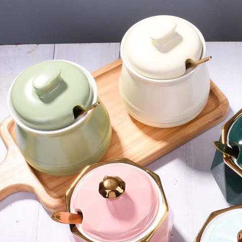 Sugar Bowl with Lid and Spoon, Ceramic Sugar Bowl,Multi-Function Sugar Container Spice Container Salt Jar Condiment Bowls Sugar Jar for Kitchen St...