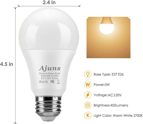 Dusk to Dawn LED Light Bulb, Sensor Light Bulb 5W E26 Automatic On/Off Light, Porch Garage Courtyard Balcony Lighting Bulb 2700K Warm White 2Packs...