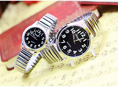 Classic Men’s Easy Reader Big Dial Number Sliver Stainless Steel Expansion Strap Bracelet Elastic Wristwatches (Dial 40 Black)...
