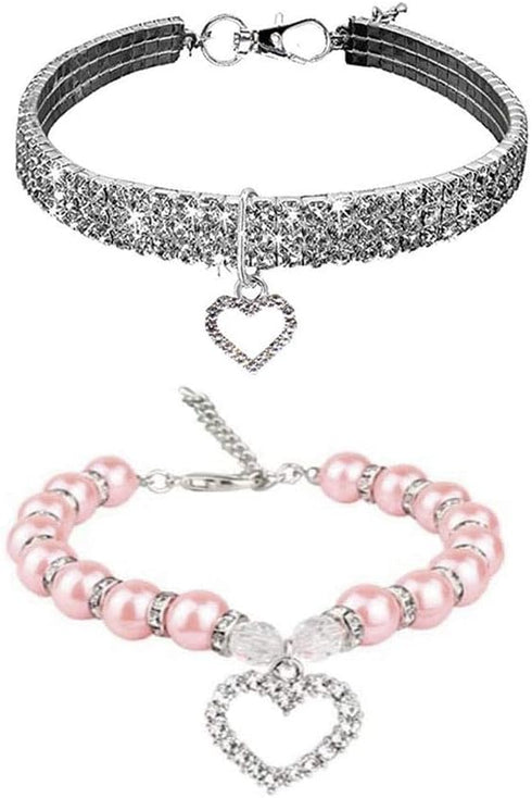 Rhinestones Dog Collar and Pearl Dog Necklace Set, Adjustable Neck Strap Bling Full Diamond Crystal Cute Pearl Dog Collar for Small Girls Cats Pup...