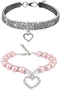 Rhinestones Dog Collar and Pearl Dog Necklace Set, Adjustable Neck Strap Bling Full Diamond Crystal Cute Pearl Dog Collar for Small Girls Cats Pup...