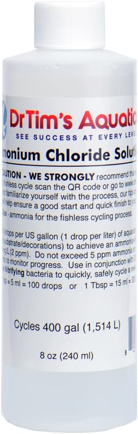 DrTim’s Aquatics Ammonium Chloride Solution for Fishless Cycling - 8 oz., Treats 400 gal. – Fish Tank Cleaner for Saltwater, Freshwater & Reef Aqu...