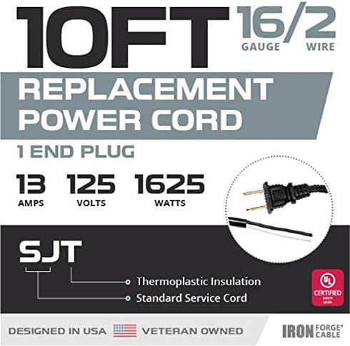 Iron Forge Cable 16 AWG Replacement Power Cord with Open End - 10 Ft Black Extension Cable, 2 Wire 16/2 SJT...