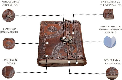 MONTEXOO Leather Bound Journal Sketch book with lock for Men Women Unlined Paper 200 Pages - Genuine Journals for Writing Handmade 6 x 8 inch Brow...