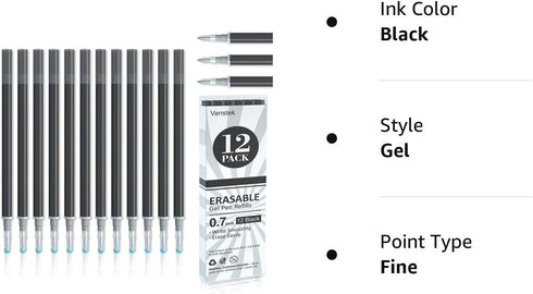 Vanstek 12 Black Erasable Gel Pen Refills, Gel Ink Refills Compatible with FriXion & Friction Erasable Pens, Fine Point 0.7 mm, Perfect for Writin...