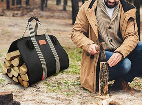 Indoor Heavy Firewood Log Carrier Tote, Oxford Canvas Fabric Foldable Wood Carrier Padded Handles, Outdoor Large Capacity Firewood Carrier Bag wit...