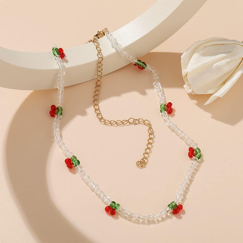 Beaded Cherry Choker Necklace for Women Boho Transparent Beads Cute Shiny Choker...