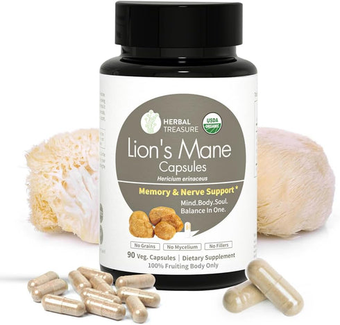 Herbal Treasure Lions Mane Supplement Capsules, Made with Organic Lions Mane Powder for Mental Clarity and Focus Supplements, 800mg Lions Mane Pow...