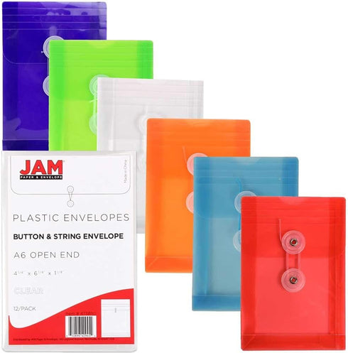 JAM PAPER Plastic Envelopes with Button & String Tie Closure - 4 1/4 x 6 1/4 - Assorted Colors - 6/Pack...
