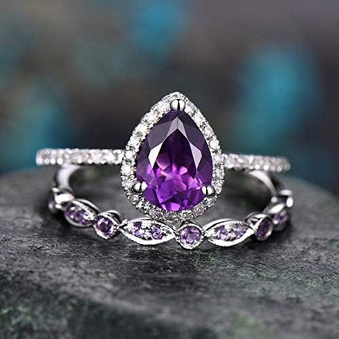 Sdouefos 2Pcs Womens Purple CZ Engagement Rings 925 Sterling Silver Shining Amethyst Ring Tear Drop Shape Cubic Zirconia Promise Rings Set (US Cod...