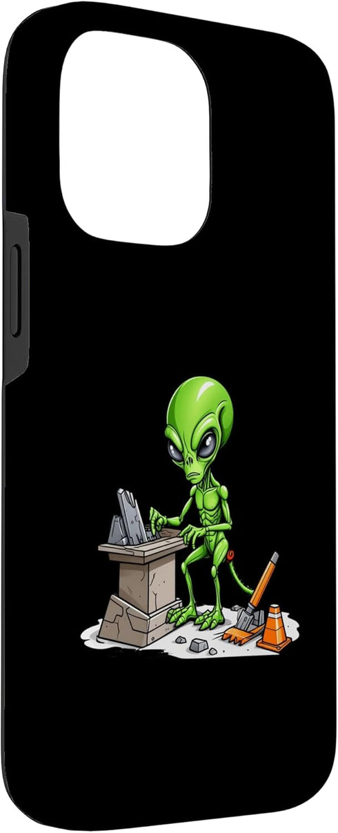iPhone 14 Pro Max Alien Chiseling Stone Block With Construction Tools Graphic Case...