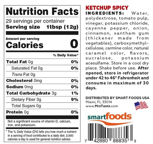 Mrs Taste Sugar Free Spicy Ketchup, Zero Calories, Zero Sodium, Zero Sugar, High Fiber, Keto Friendly, Paleo Friendly, Condiments and Sauces (12 o...