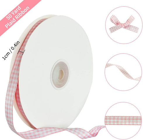 TONIFUL 3/8 Inch x 50 Yards Gingham Buffalo Checkered Ribbon Light Pink and White Fabric Ribbon for Valentine's Day Gift Wrapping Baby Shower Hair...
