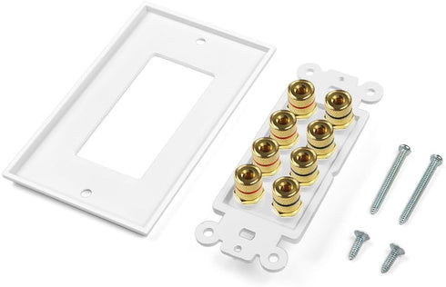 Banana Binding Post Two-Piece Coupler Inset Wall Plate for 4 Speakers Standard Single Gang White...