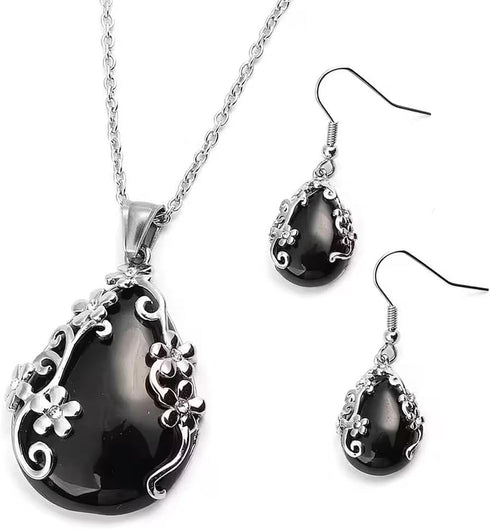 Jewelry Set for Women - Floral Gemstone Necklace & Earring Sets - Lapis Lazuli, Black Onyx & Dendritic Pendant Necklaces & Dangle Earrings - 20" N...