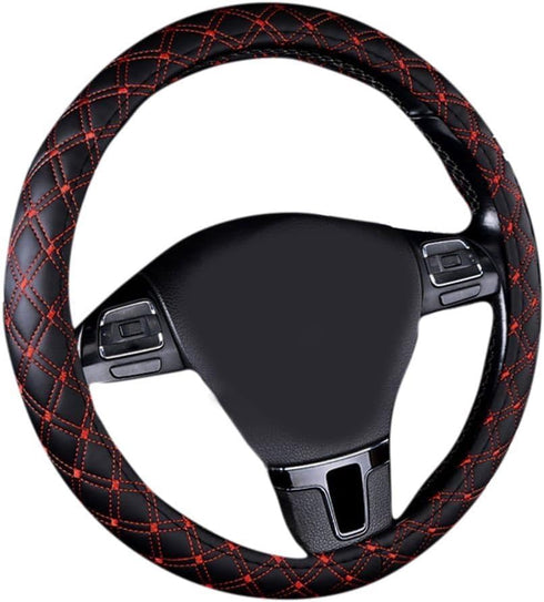15inch Odorless Quilted Stitching Pattern Leather Car Steering Wheel Cover-Black with red...