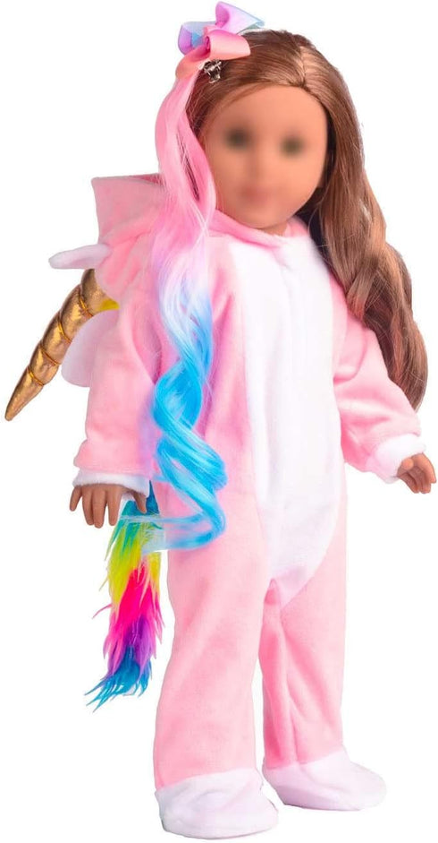 18 Inch Doll Clothes Unicorn Onesie Pajamas Rainbow Color Hair Bow Clips Costume Fits 18 Inch Doll (Doll Not Included)...