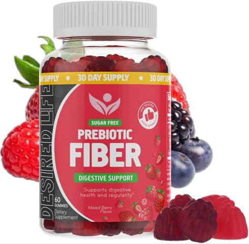 Sugar Free Prebiotic Fiber Gummies for Adults Kids Mixed Berry Flavor Plant Supplement for Women Men, Daily Digestive Health Regularity 60 Count (...