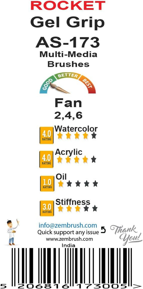 ZEM Brush Rocket Student Gel Grip Ergonomic Fan Short Acrylic Handle Artist Paint Brush Set Sizes 2,4,6...