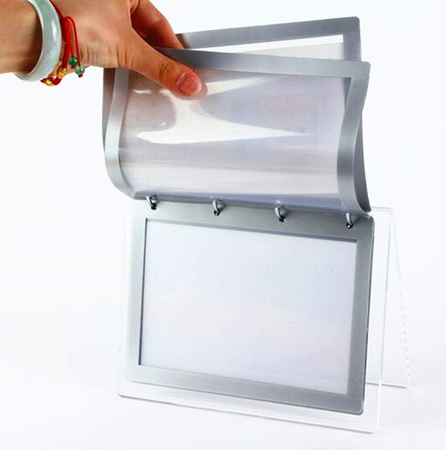 Leoyoubei Slant Back Sign Holder,Sign Stand,Poster Frame,Horizontal Display 5x7 inch PVC Photo Clip Flip Display 7 Pages-14 Sides Photos 4 Rings S...