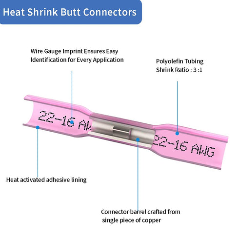100 Pcs Red Heat Shrink Butt Connectors, 22-16 AWG Marine Grade Insulated Crimp Wire Connectors, Waterproof Electrical Connectors Butt Splice for ...
