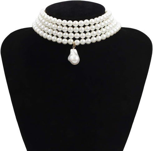 Simulated Pearl Chokers Multi-Layer Pearl Necklace Multi-Strand Pearl Statement Bridal Choker Necklace for Wedding Party Jewelry 20s Flapper Neckl...