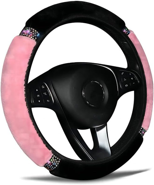 Steering Wheel Cover Universal Standard Size 14.5-15 inch, Soft Fluffy Steering Wheel Cover with Sparkly Crystal Rhinestones for Women Girls (Pink...
