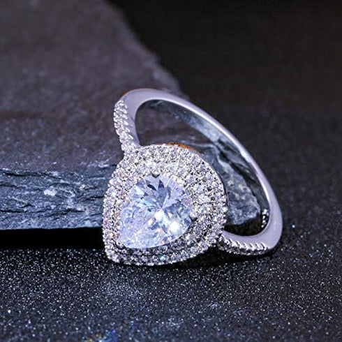 FAONIE White Gold Plated Teardrop Halo Pear Cut Cubic Zirconia CZ Engagement Wedding Ring For Women (9)...