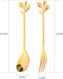 12pcs Stainless Steel Gold Leaf Coffee Spoon and Cake Fruit Forks Kitchen Accessory Wedding Party for Dessert, Salad, Appetizer, Spoon and Fork Se...