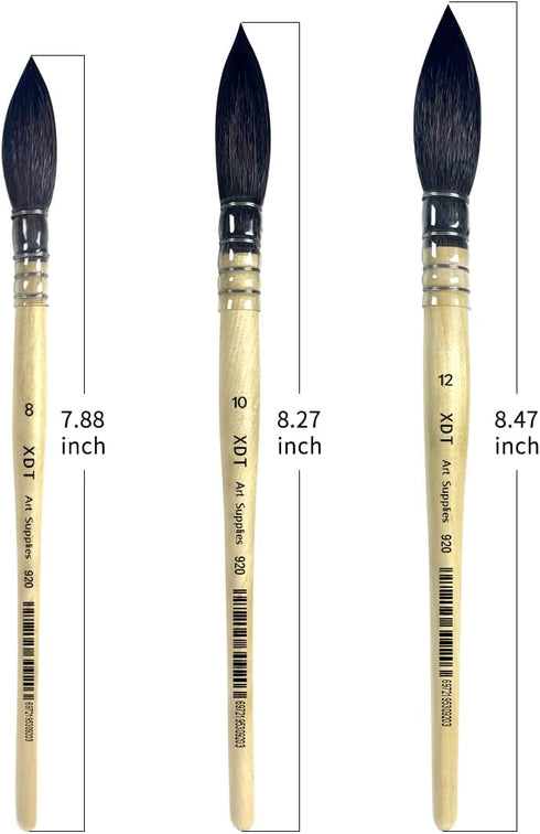 XDT#920 Round Watercolor Artist Paint Brush 3 Piece Set Medium Soft Black Goat Hair Long Handle #8#10#12, Mop Style Paint Brush for Watercolor & A...