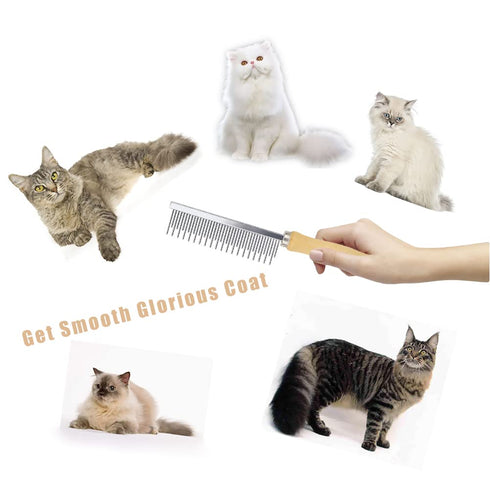 Dog Cat Comb Grooming Comb with Wooden Handle Stainless Steel Teeth, Dog Cat Grooming Supplies Accessories Perfect for Honghair Hairy Pets (Dual T...
