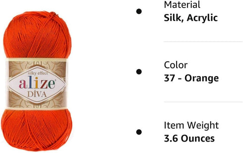 Alize Diva Silk Effect 100% Microfiber Acrylic Sport Yarn 1 Ball skeins 100gr 383yds Color (37 - Orange)......