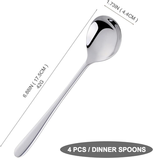 4-Piece Round Stainless Steel Bouillon Spoons Soup Spoons, Stainless Steel Large Round Spoons, Heavy-Weight Round Deep Bowl Spoon Set, Dinner Meta...