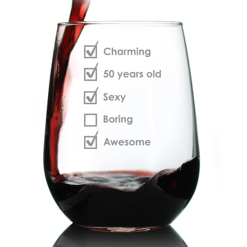 50th Birthday Checklist - Stemless Wine Glass Gift - Funny Bday Gifts for Women and Men Turning 50 - Large 17 Ounce...