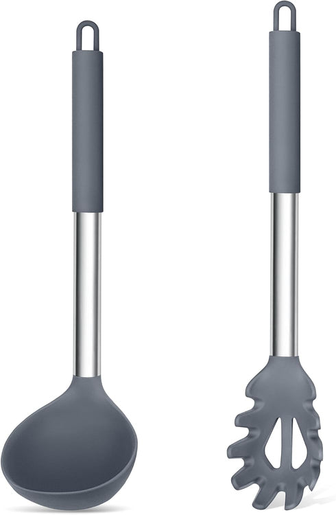 TeamFar Silicone Kitchen Utensils, 2 Pcs Large Nonstick Soup Ladle and Pasta Fork for Cooking Mixing Serving Soup, Sauce, Spaghetti, Eggs, Non-Tox...