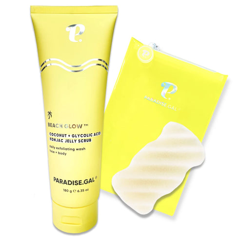 Gentle Exfoliating Scrub for Face & Body by ParadiseGal - Korean Skincare Set with Coconut & Glycolic Acid Jelly Scrub + Konjac Sponge & Bag - Ide...