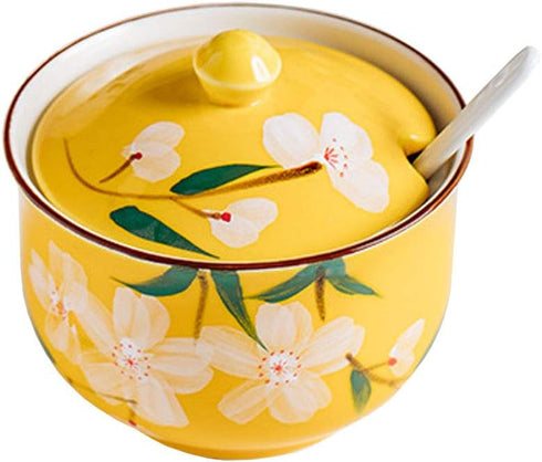 FUYU Hand-painted Flower Ceramic Condiment Pot Seasoning Jar Sugar Bowl with Lid and Spoon...