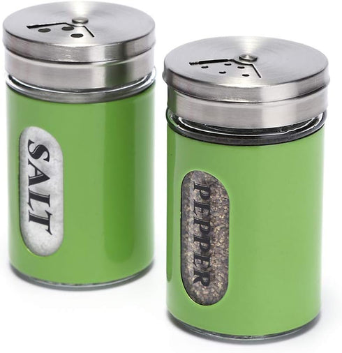 Salt and Pepper Shakers Stainless Steel and Glass Set with Adjustable Pour Holes (Green)...