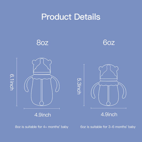 POTATO Glass Baby Bottles, Anti-Colic Breastfeeding Bottles with Fast Flow Nipple, Suitable for Babies 6-12 Months, 2 Replaceable Nipples, 8 oz, P...