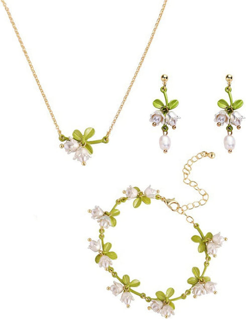 Caiyao Lily of the Valley Rose Flower Leaf Necklace Drop Dangle Earring Bracelet Set for Women Mom Friend Mother Vintage Tassel Chain Necklace Bri...
